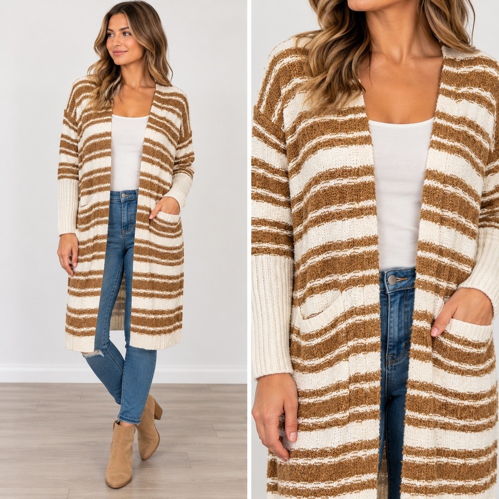 Striped Knit Cardigan Womens Open Front Long Sleeve Camel Ivory Boho Sweater M